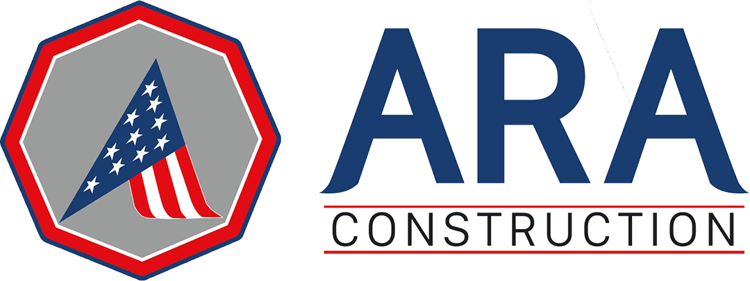 Logo of ARA Construction featuring a stylized "A" with an American flag pattern inside a hexagon, followed by the company name in blue and red text.